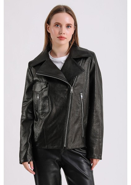 Billie Kadın Siyah Deri Biker Ceket