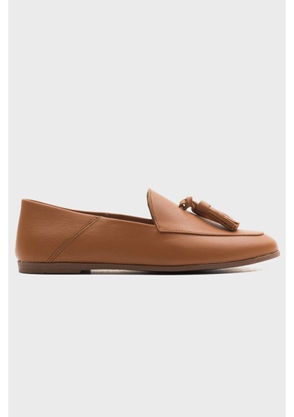 F04 Taba Cilt Hakiki Deri Püsküllü Kadın Loafer Ayakkabı