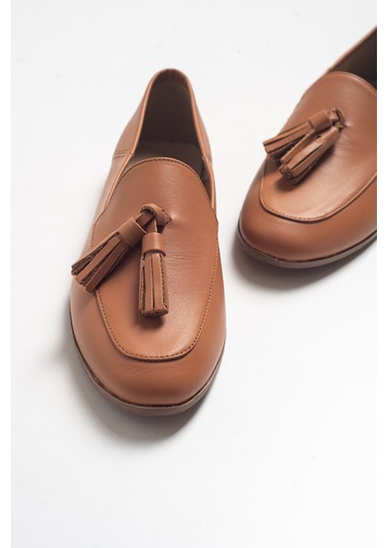 F04 Taba Cilt Hakiki Deri Püsküllü Kadın Loafer Ayakkabı
