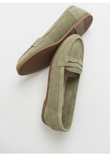 F02 Açık Yeşil Süet Hakiki Deri Kadın Loafer Ayakkabı