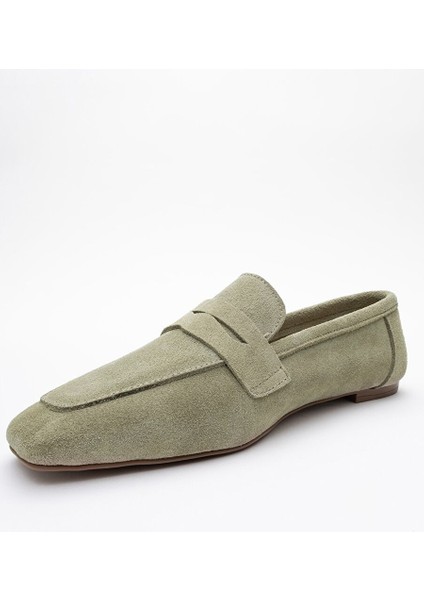 Morne Yeşil Süet Hakiki Deri Kadın Loafer Ayakkabı
