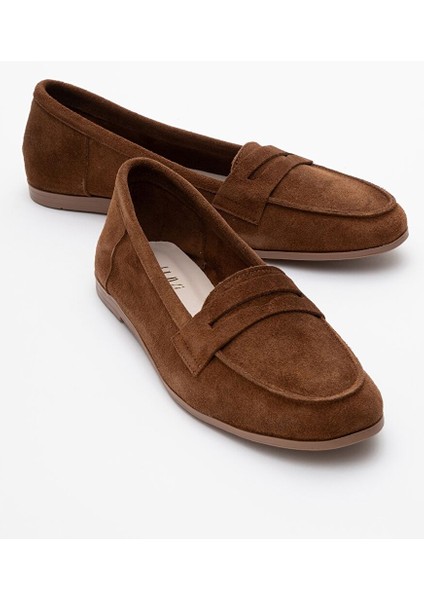 F02 Kahverengi Süet Hakiki Deri Kadın Loafer Ayakkabı