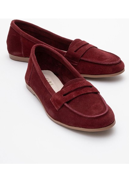 F02 Bordo Süet Hakiki Deri Kadın Loafer Ayakkabı