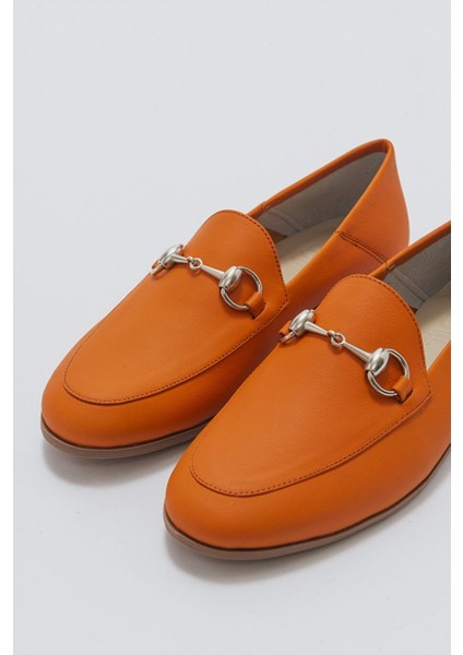 F03 Turuncu Cilt Hakiki Deri Kadın Loafer Ayakkabı modelleri