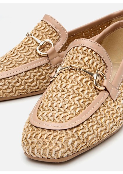 Kadın Bej Hasır Detaylı Tokalı Loafer
