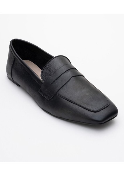 Morne Siyah Cilt Hakiki Deri Kadın Loafer Ayakkabı