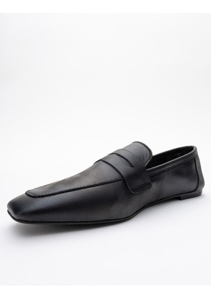 Morne Siyah Cilt Hakiki Deri Kadın Loafer Ayakkabı