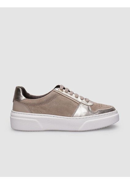 %100 Hakiki Deri Bej Bağcıklı Kadın Sneaker