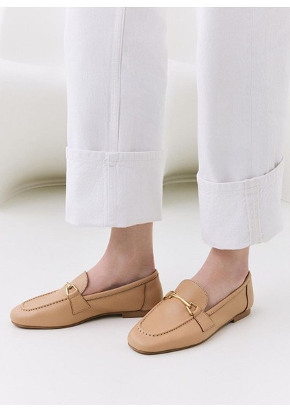 Kadın Deri Bej Tokalı Loafer
