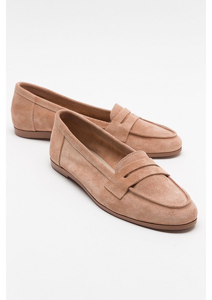 F02 Koyu Bej Süet Hakiki Deri Kadın Loafer Ayakkabı