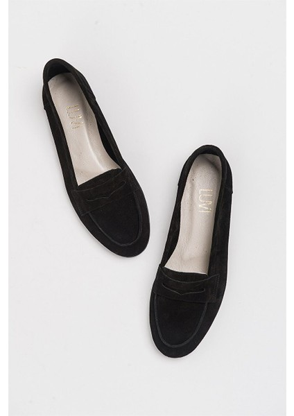 F02 Siyah Süet Hakiki Deri Kadın Loafer Ayakkabı