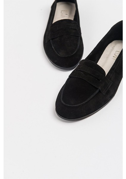 F02 Siyah Süet Hakiki Deri Kadın Loafer Ayakkabı