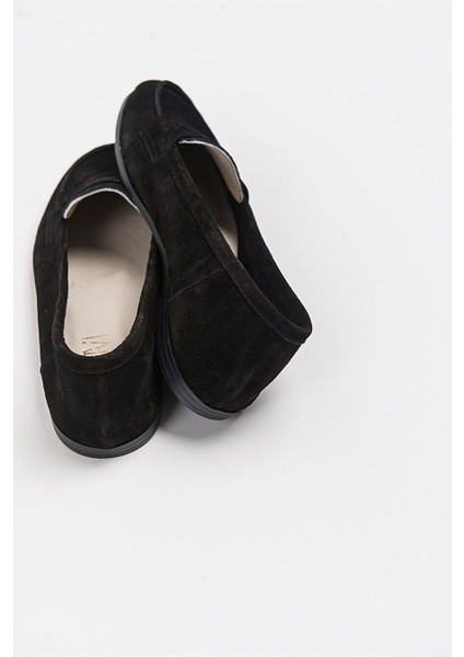 F02 Siyah Süet Hakiki Deri Kadın Loafer Ayakkabı