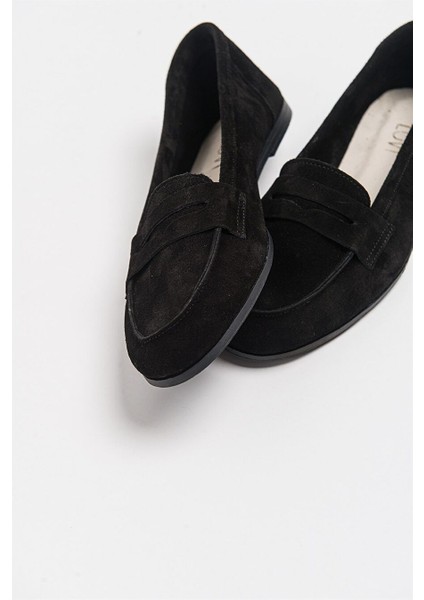 F02 Siyah Süet Hakiki Deri Kadın Loafer Ayakkabı