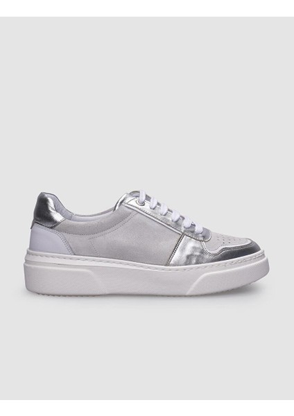 %100 Hakiki Deri Beyaz - Gri Kadın Sneaker