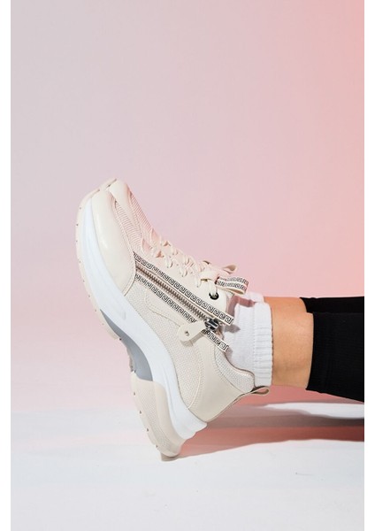 Oude Ekru Kadın Fermuarlı Kalın Taban Spor Sneakers