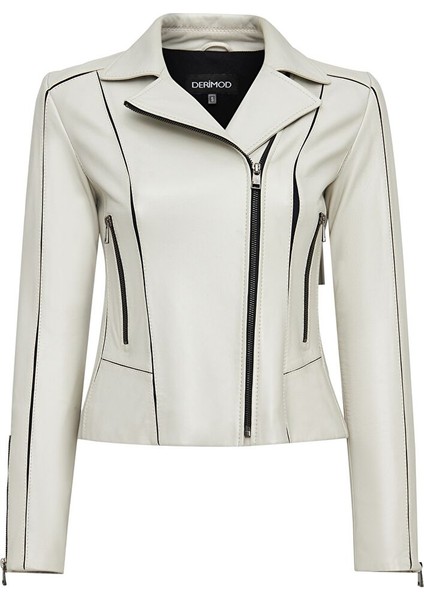 Kiara Kadın Bej Slim-Fit Biker Deri Ceket 24WGD5859U4