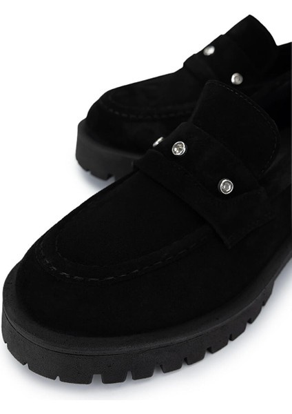 Kadın Hakiki Deri Siyah Süet Loafer Ayakkabı