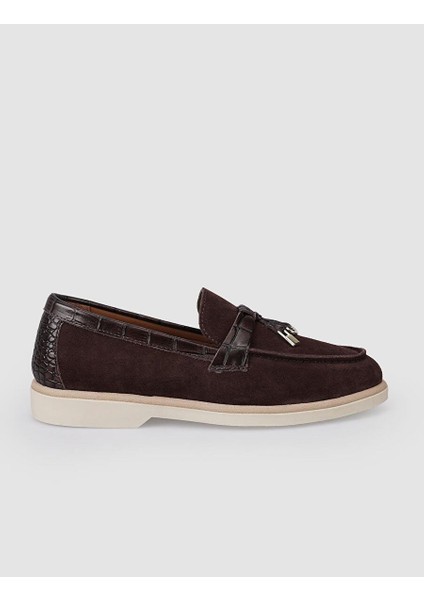 %100 Hakiki Deri Kahverengi Süet Kadın Loafer