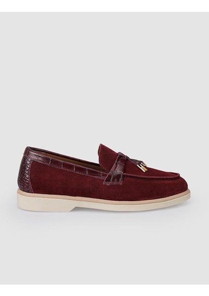 %100 Hakiki Deri Bordo Süet Kadın Loafer