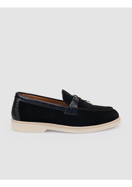 %100 Hakiki Deri Siyah Süet Kadın Loafer
