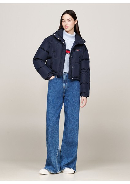 Lacivert Kadın Dik Yaka Standart Fit Nakışlı Puffer Mont Tjw Back Flag Alaska Ext