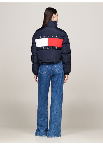 Lacivert Kadın Dik Yaka Standart Fit Nakışlı Puffer Mont Tjw Back Flag Alaska Ext modelleri