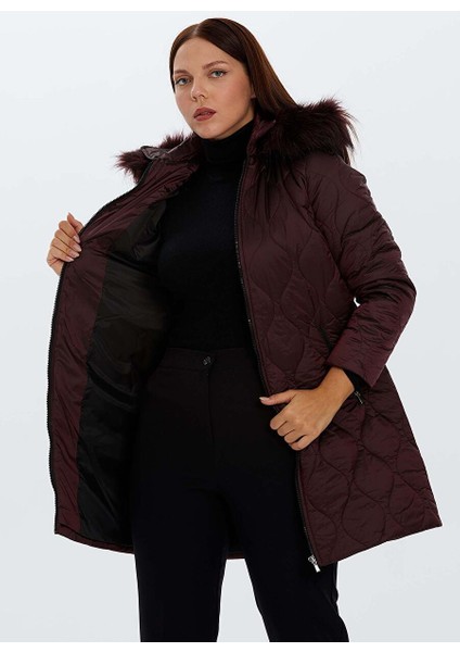 Bordo Kadın Düğmeli Bisiklet Yaka Kürklü Mont 22KSL6004 fırsatları