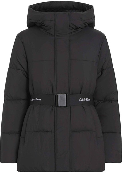Siyah Kadın Dik Yaka Standart Fit Puffer Mont Logo Belt Short Puffer
