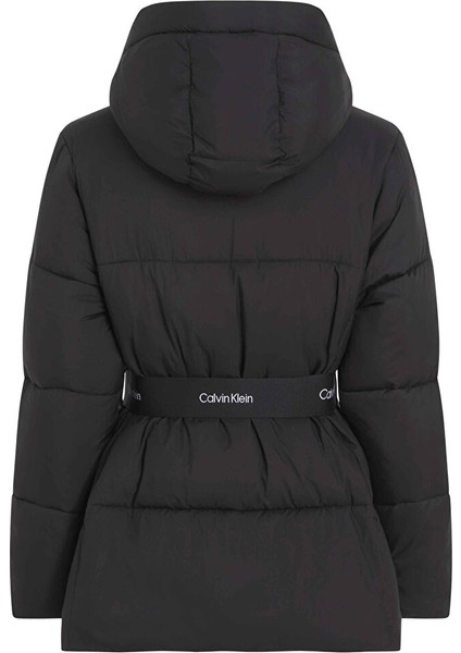Siyah Kadın Dik Yaka Standart Fit Puffer Mont Logo Belt Short Puffer modelleri