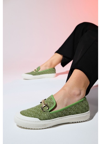 Marakeş Yeşil Kot Tokalı Kadın Loafer Ayakkabı