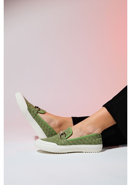 Marakeş Yeşil Kot Tokalı Kadın Loafer Ayakkabı