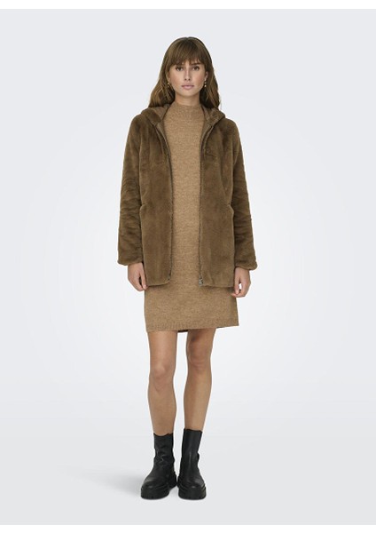Kahve Kadın Kapüşonlu Suni Kürk Kaban Onlnewmalou Faux Fur Coat cc Otw