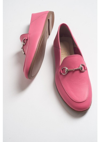 F03 Pembe Cilt Hakiki Deri Kadın Loafer Ayakkabı