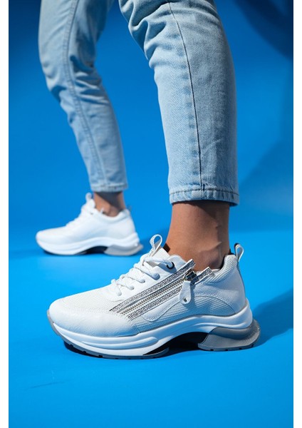 Oude Beyaz Kadın Fermuarlı Kalın Taban Spor Sneakers fırsatları
