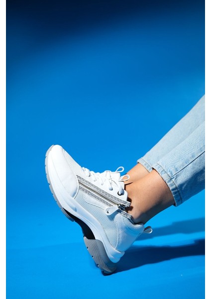 Oude Beyaz Kadın Fermuarlı Kalın Taban Spor Sneakers indirimleri