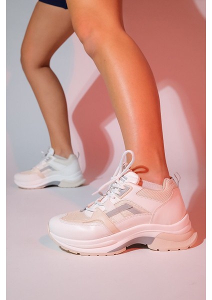Sterda Beyaz Bej Kadın Kalın Taban Spor Sneakers