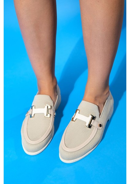 Mıchıgan Bej Triko Tokalı Kadın Loafer Ayakkabı