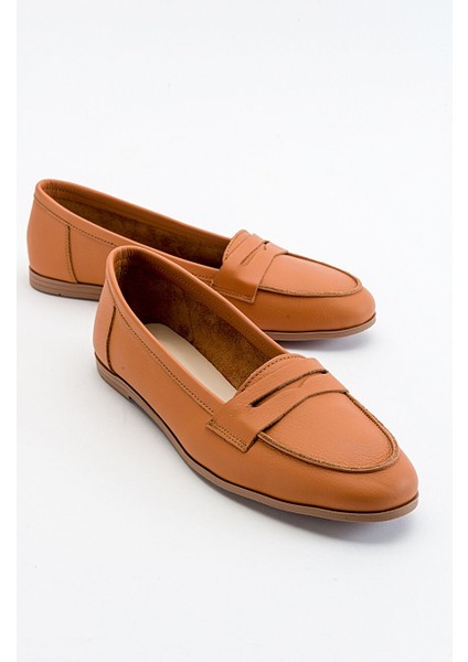 F02 Taba Cilt Hakiki Deri Kadın Loafer Ayakkabı