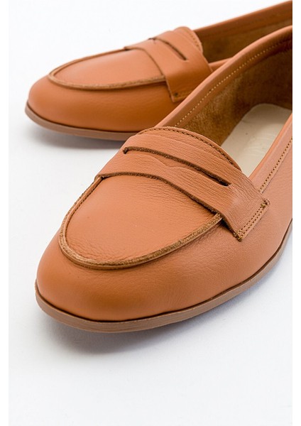F02 Taba Cilt Hakiki Deri Kadın Loafer Ayakkabı