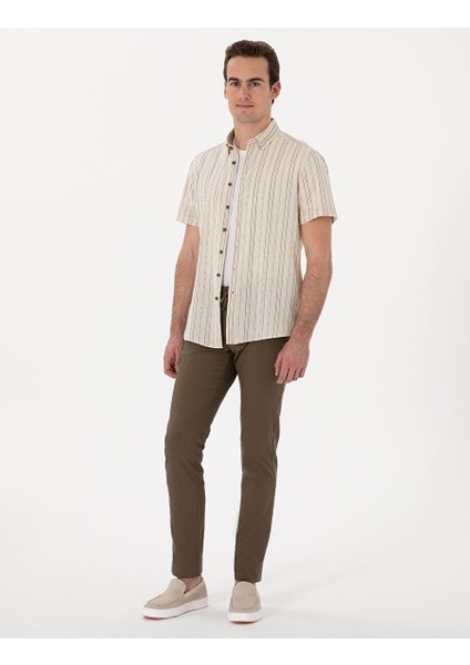 Haki Slim Fit Keten Görünümlü Kanvas Pantolon
