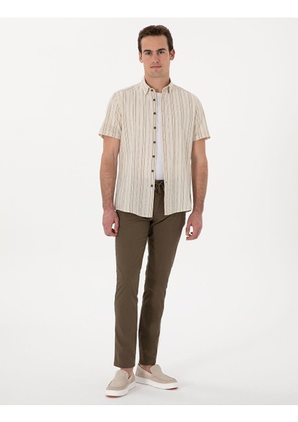 Haki Slim Fit Keten Görünümlü Kanvas Pantolon modelleri