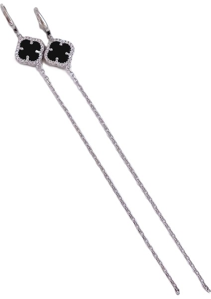 18 Ayar Altın Kaplama Siyah Yonca Tasarım Püskül Zincirli Uzun Gümüş Kadın Küpe fiyatları