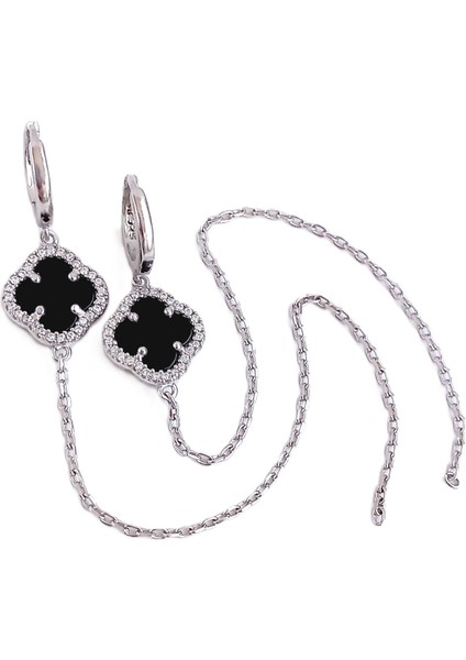 18 Ayar Altın Kaplama Siyah Yonca Tasarım Püskül Zincirli Uzun Gümüş Kadın Küpe modelleri