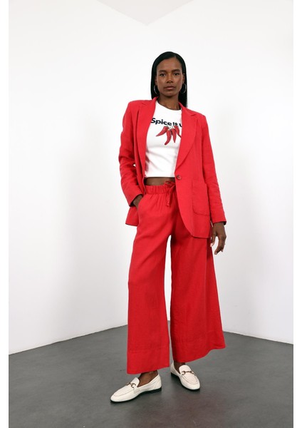 Kırmızı %100 Keten Beli Lastikli Pantolon