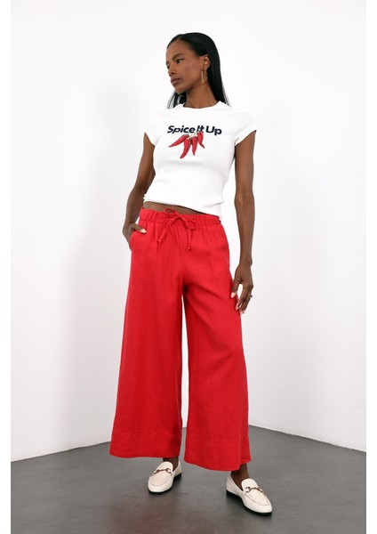 Kırmızı %100 Keten Beli Lastikli Pantolon fiyatları