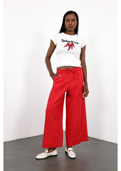 Kırmızı %100 Keten Beli Lastikli Pantolon modelleri
