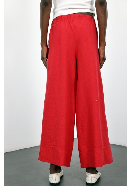 Kırmızı %100 Keten Beli Lastikli Pantolon fırsatları