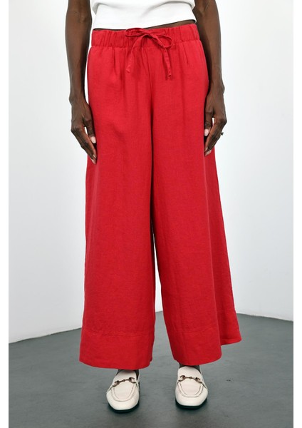 Kırmızı %100 Keten Beli Lastikli Pantolon indirimleri