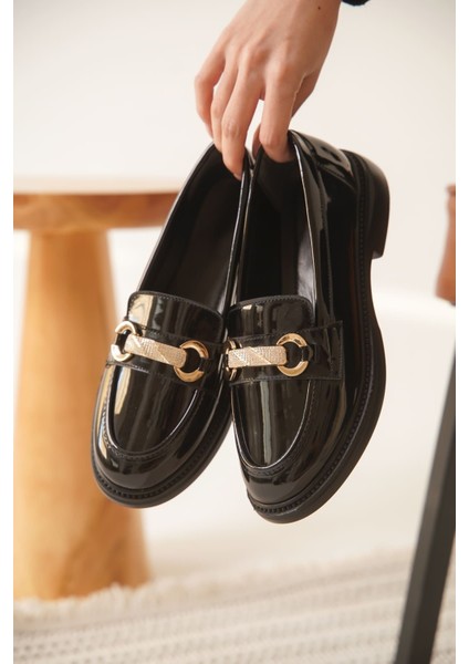 Lance Premium Kadın Siyah Rugan Loafer